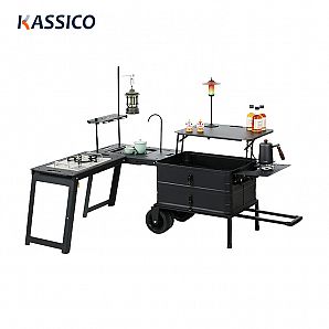 Caja de camping portátil de aluminio y mesa IGT con ruedas