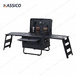 Caja de cocina de aluminio para campamento con mesa plegable